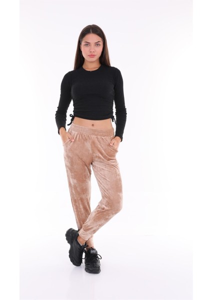 Vizon Renk Kadife Eşofman Altı Pijama Jogger Model
