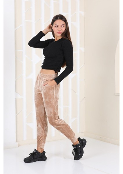 Vizon Renk Kadife Eşofman Altı Pijama Jogger Model modelleri