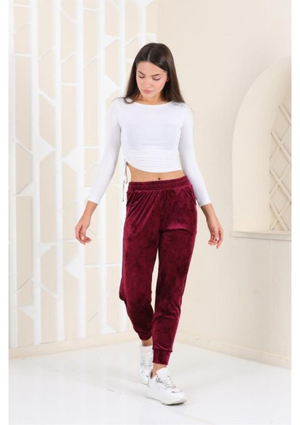 Mürdüm Renk Kadife Eşofman Altı Pijama Jogger Model