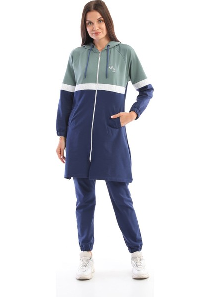 Mint Lacivert Tesettür Kap Jogger Spor Takım 3 Renk Kapüşonlu