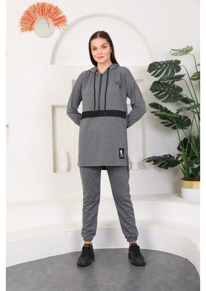 Antresit Gri Kadın Kapüşonlu Sweatshirt Jogger Spor Takım Eşofman