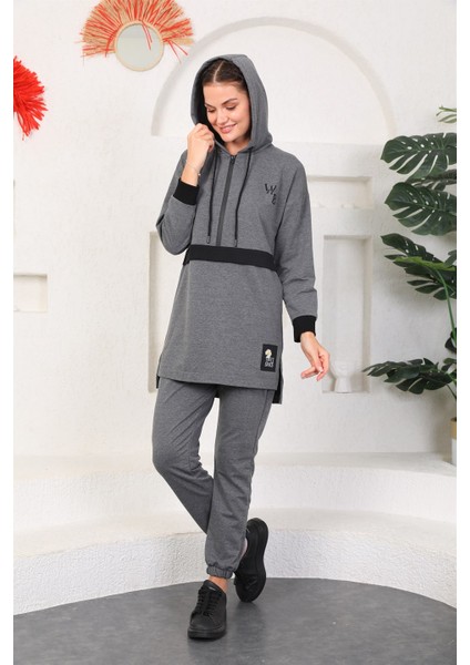 Antresit Gri Kadın Kapüşonlu Sweatshirt Jogger Spor Takım Eşofman modelleri