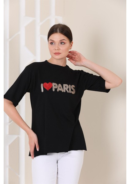 Bayan Oversize Paris Baskılı Yırtmaçlı T-Shirt