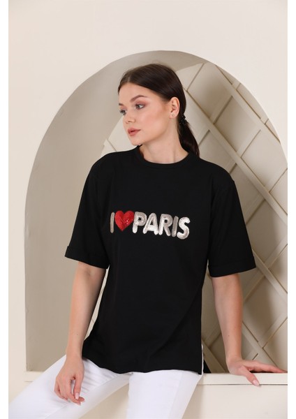 Bayan Oversize Paris Baskılı Yırtmaçlı T-Shirt