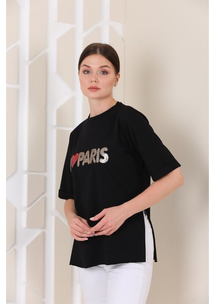 Bayan Oversize Paris Baskılı Yırtmaçlı T-Shirt