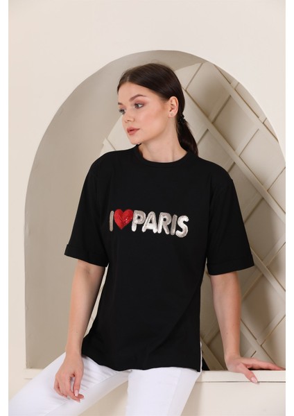 Bayan Oversize Paris Baskılı Yırtmaçlı T-Shirt fiyatları