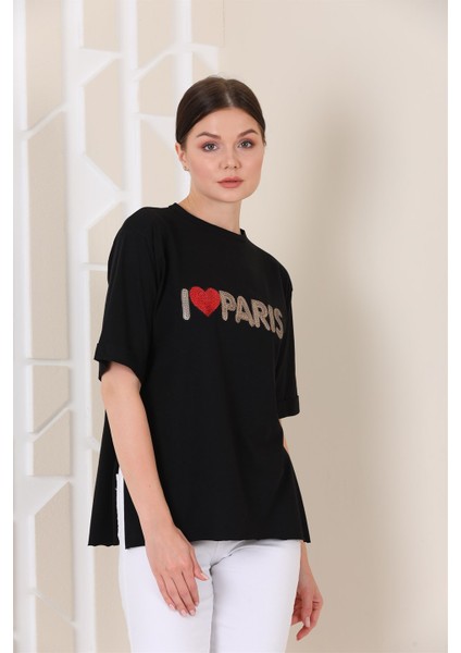 Bayan Oversize Paris Baskılı Yırtmaçlı T-Shirt fırsatları