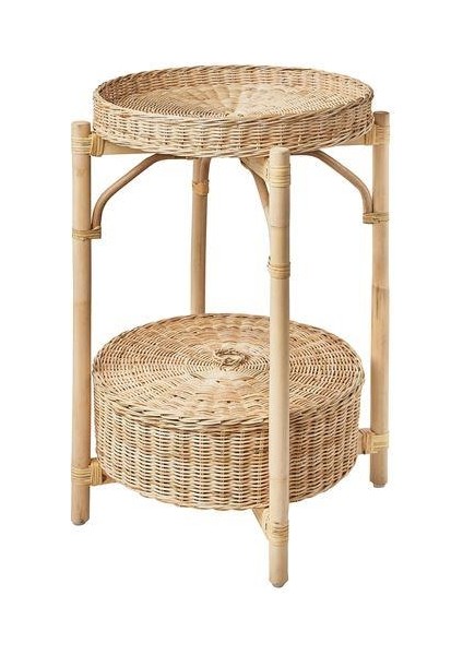 2 Katlı Rattan Komodin-Sehpa Meridyendukkan 52 cm Doğal El Örmesi Çıkarılabilir Tepsi