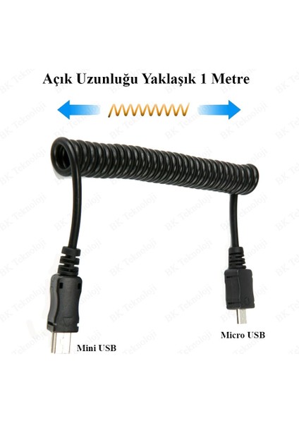 Spiral Micro USB Erkek To Mini USB Erkek Kablo - 1metre