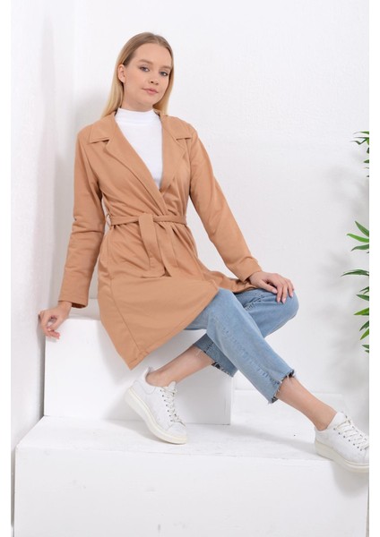 Pınkmark Kadın Iki Iplik Örme Düğmesiz Kuşaklı Camel Trençkot Ceket PMCK25502