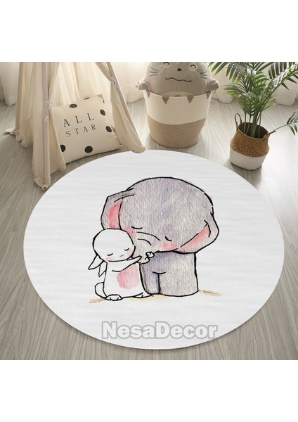 Nesa_Decor Yuvarlak Fil Desenli Dijital Baskı, Yıkanabilir Halı, Sevimli Çocuk Odası Halısı