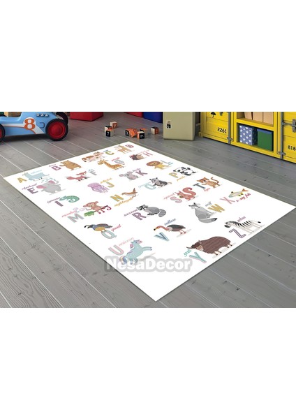 Nesa_Decor Animal Desenli Hayvan Alfabe Halısı Dijital Baskılı Yıkanabilir Kaymaz Taban Çocuk Odası Halısı fiyatları