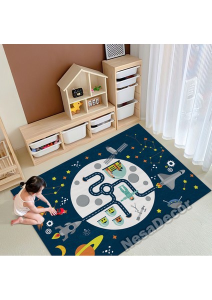 Nesa_Decor Uzay Desenli Çocuk Odası Oyun Halısı, Eğitici Kreş Halısı, Dokuma Taban Bambu Kalite fiyatları
