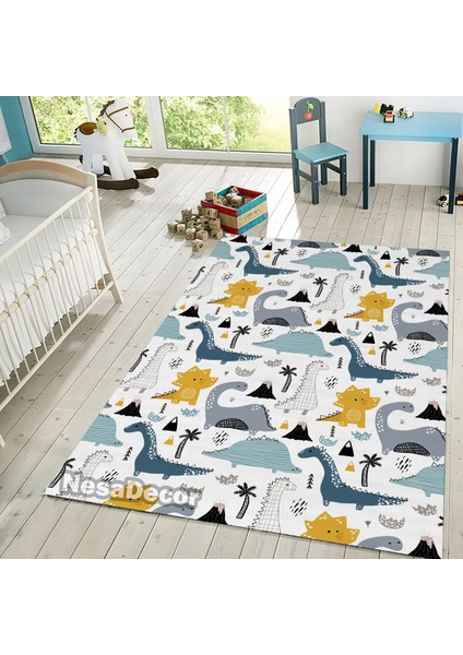 Nesa_Decor Dinozor Desenli Modern Makinada Yıkanabilir Dokuma Taban Çocuk Odası Halısı