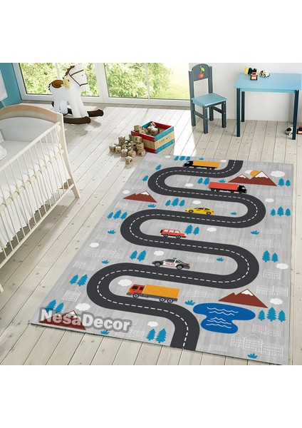 Nesa_Decor Yol ve Araba Temalı Kaymaz Taban Çocuk Oyun Halısı Dijital Baskı Makinede Yıkanabilir