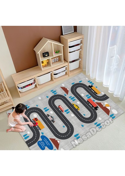 Nesa_Decor Yol ve Araba Temalı Kaymaz Taban Çocuk Oyun Halısı Dijital Baskı Makinede Yıkanabilir