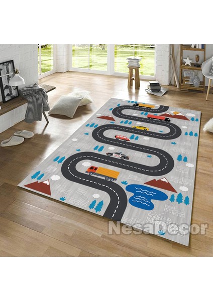 Nesa_Decor Yol ve Araba Temalı Kaymaz Taban Çocuk Oyun Halısı Dijital Baskı Makinede Yıkanabilir