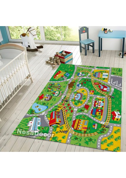 Nesa_Decor Araba Yollu Tren Yolu Dijital Baskılı Kaymaz Taban Çocuk Odası Halısı fiyatları