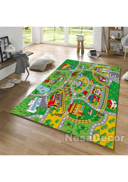 Nesa_Decor Araba Yollu Tren Yolu Dijital Baskılı Kaymaz Taban Çocuk Odası Halısı modelleri