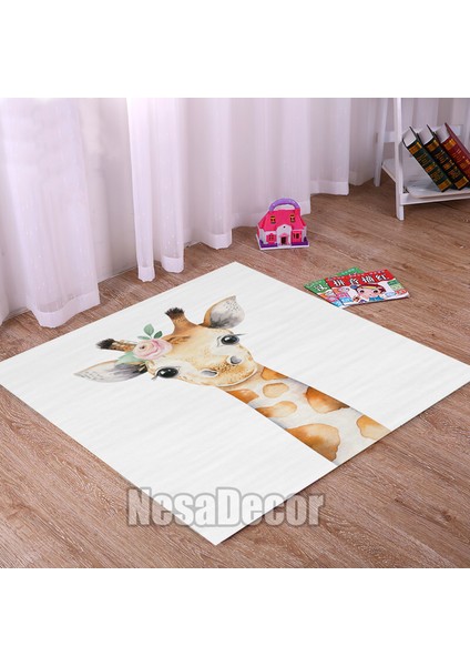 Nesa_Decor Dijital Baskı Kaymaz Dokuma Taban Sevimli Zürafa Desenli Halı Yolluk ve Çocuk Halısı