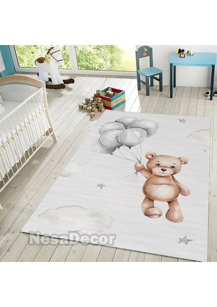 Nesa_Decor Dokuma Taban Yıkanabilir Balonlu Ayıcık ve Bulutlar Desenli Dijital Baskılı Çocuk Halısı fiyatları