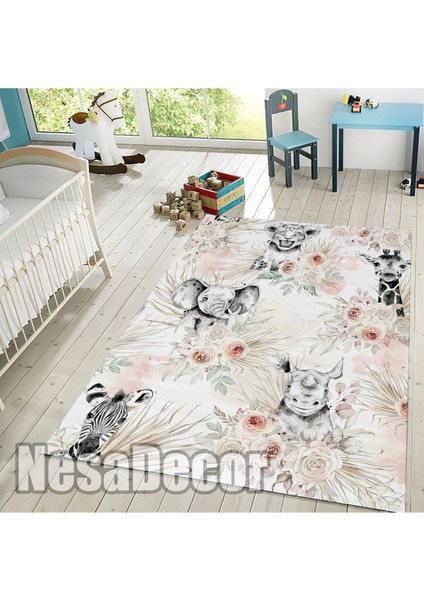 Nesa_Decor Sevimli Hayvan Desenli Pembe Hd Dijital Baskılı Çocuk Halısı Kaymaz Taban