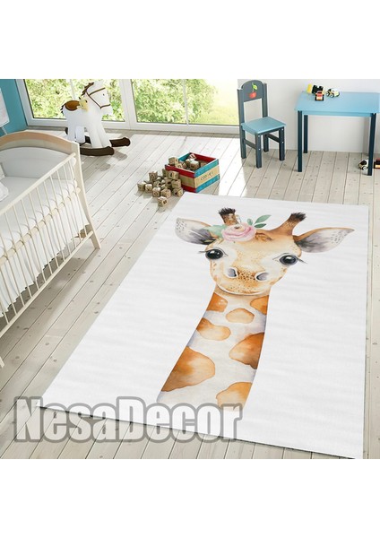 Nesa_Decor Dijital Baskı Kaymaz Dokuma Taban Sevimli Zürafa Desenli Halı Yolluk ve Çocuk Halısı