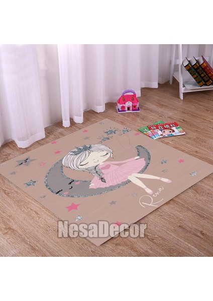 Nesa_Decor Prenses Ay Yıldız Desenli Hd Dijital Baskılı Dokuma Taban Yıkanabilir Kız Çocuk Odası Halısı