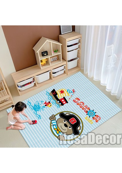 Nesa_Decor Dijital Baskı Kaymaz Taban Makinede Yıkanabilir Mavi Gemici Desenli Çocuk Odası Halısı fiyatları