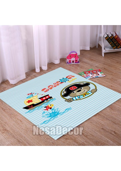 Nesa_Decor Dijital Baskı Kaymaz Taban Makinede Yıkanabilir Mavi Gemici Desenli Çocuk Odası Halısı modelleri