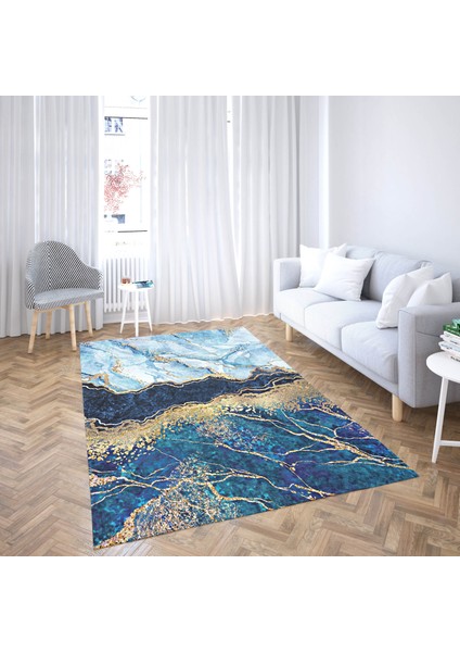 Nesa_Decor Mavi Mermer Desenli Gold Beyaz Kaymaz Taban Yıkanabilir Dijital Baskı Halı fiyatları