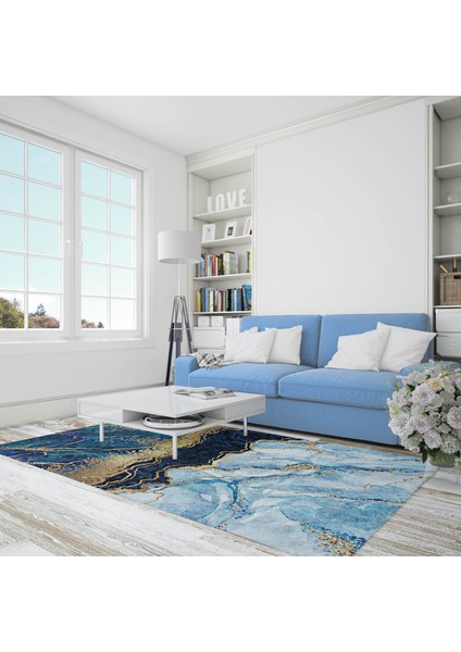 Nesa_Decor Mavi Mermer Desenli Gold Beyaz Kaymaz Taban Yıkanabilir Dijital Baskı Halı modelleri