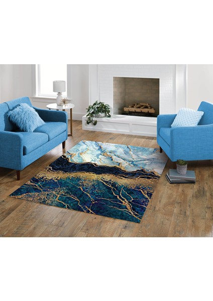 Nesa_Decor Mavi Mermer Desenli Gold Beyaz Kaymaz Taban Yıkanabilir Dijital Baskı Halı fırsatları