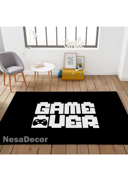 Nesa_Decor Genç Odası Halısı Game Over Desen Siyah Dokuma Taban Halı