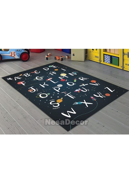 Nesa_Decor Uzay Temalı Alfabe Halı, Eğitici Uzay Alfabe Halı, Çocuk Odası Halısı Dijital Baskı Bambu Kalite modelleri