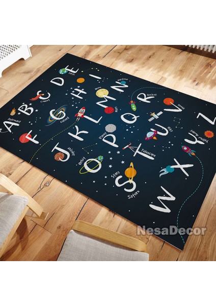 Nesa_Decor Uzay Temalı Alfabe Halı, Eğitici Uzay Alfabe Halı, Çocuk Odası Halısı Dijital Baskı Bambu Kalite fırsatları