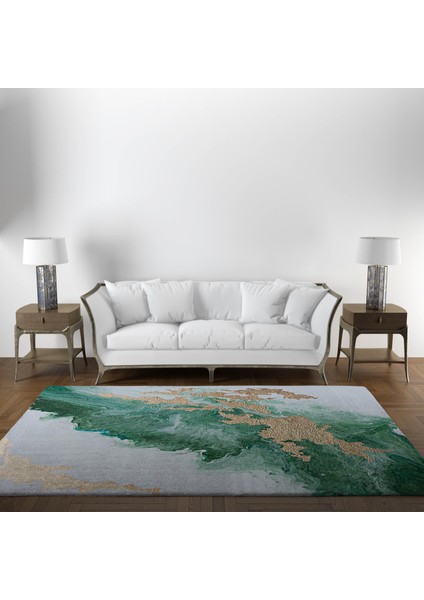 Nesa_Decor Beyaz Yeşil Mermer Desenli Gold Kaymaz Taban Yıkanabilir Halı fiyatları
