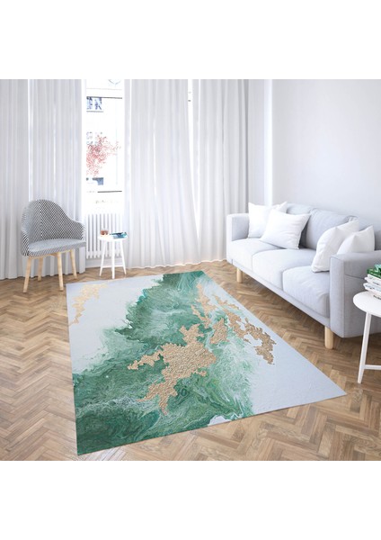 Nesa_Decor Beyaz Yeşil Mermer Desenli Gold Kaymaz Taban Yıkanabilir Halı modelleri