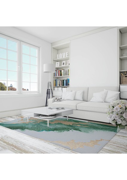 Nesa_Decor Beyaz Yeşil Mermer Desenli Gold Kaymaz Taban Yıkanabilir Halı fırsatları
