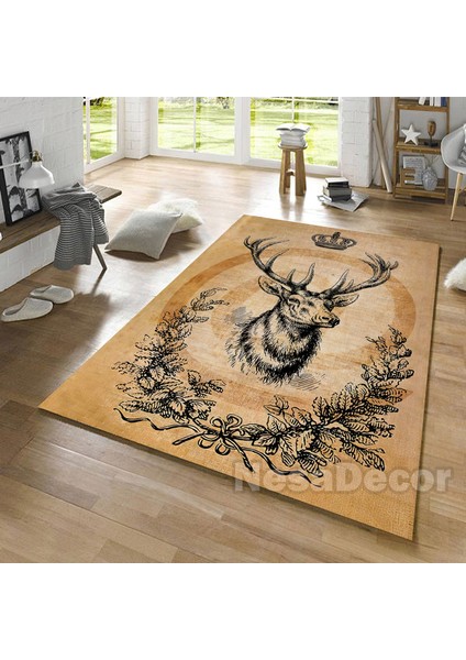 Nesa_Decor Kahverengi Zeminde Geyik Kafası Desenli Yeni Yıl Halısı Yılbaşı Halısı fiyatları
