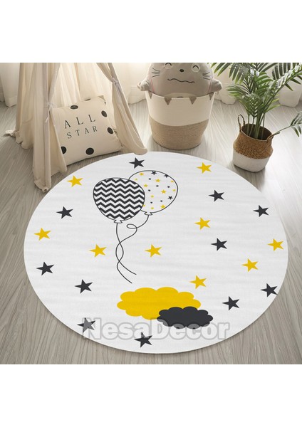 Nesa_Decor Beyaz Balon ve Bulut Desenli Makinede Yıkanabilir Dokuma Taban Çocuk Odası Halısı