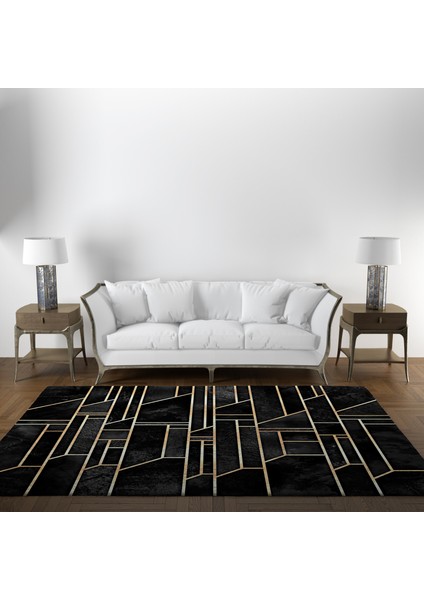 Nesa_Decor Siyah Zemin Gold Renk Mermer Desenli Halı