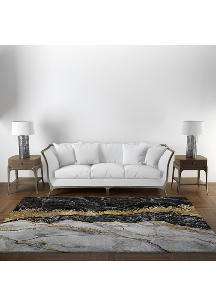 Nesa_Decor Siyah Beyaz Mermer Desenli Gold Yıkanabilir Kaymaz Tabanlı Halı