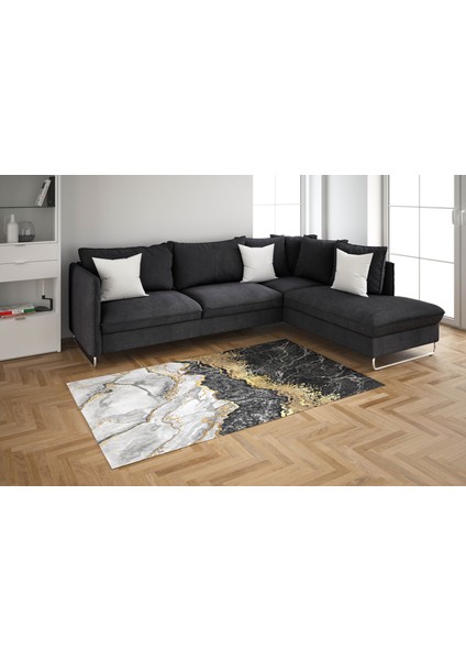 Nesa_Decor Siyah Beyaz Mermer Desenli Gold Yıkanabilir Kaymaz Tabanlı Halı fiyatları