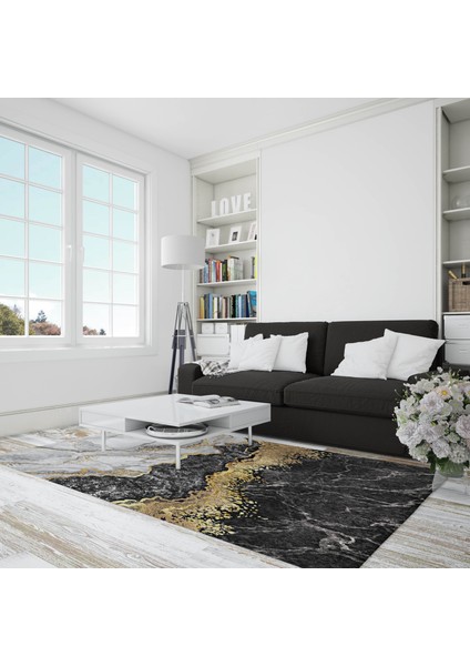 Nesa_Decor Siyah Beyaz Mermer Desenli Gold Yıkanabilir Kaymaz Tabanlı Halı modelleri