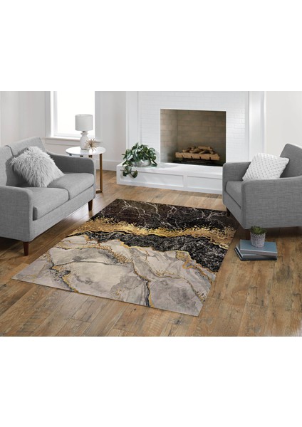 Nesa_Decor Siyah Beyaz Mermer Desenli Gold Yıkanabilir Kaymaz Tabanlı Halı fırsatları