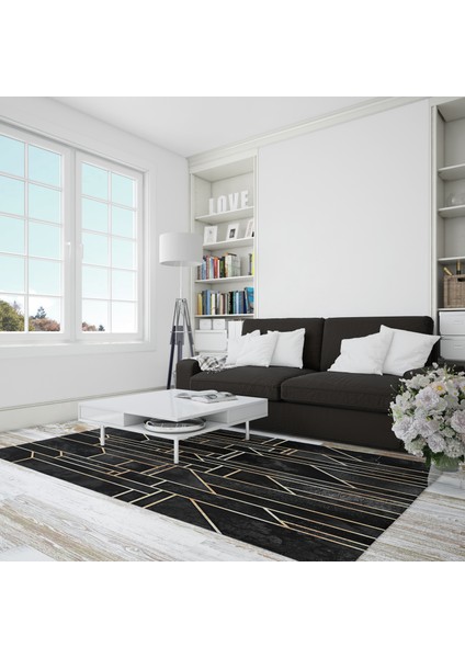 Nesa_Decor Siyah Zemin Gold Renk Mermer Desenli Halı fiyatları