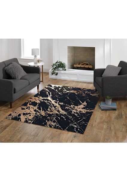 Nesa_Decor Siyah Mermer Desenli Gold Beyaz Kaymaz Taban Yıkanabilir Dijital Baskı Halı modelleri