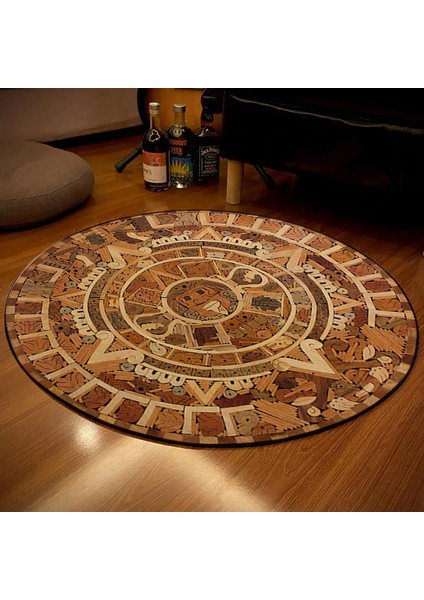 Nesa_Decor Aztek Kalender Ahşap Motifli Lüks Halı & Oturma Odası, Stüdyo, Antika Dükkanı Halısı
