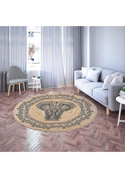 Nesa_Decor Mandala Sanatı Fil Figürlü Dekoratif Yuvarlak Halı modelleri
